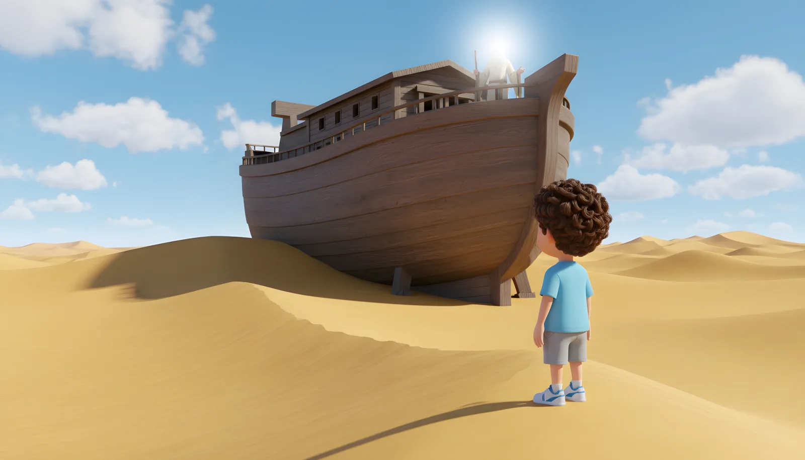 A child gazing up at a great wooden ark resting on desert dunes — a storybook episode still