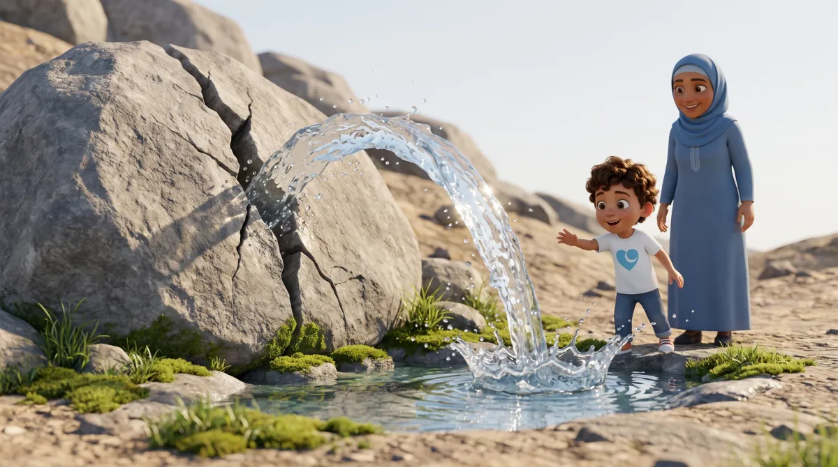 Water springing from a split rock as a boy reaches toward it — an Al-Falaq episode still